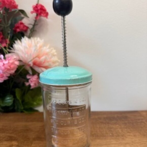 Vintage Androck Nut Chopper Glass‎ Jar Turquoise Metal Lid Retro Kitchen Tool - Picture 1 of 5
